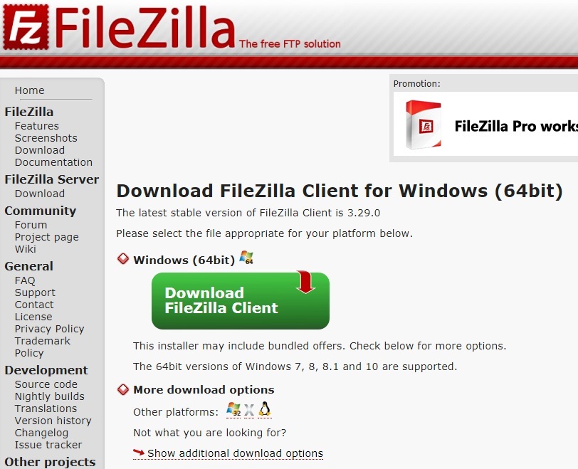 FileZilla官方下載頁面畫面